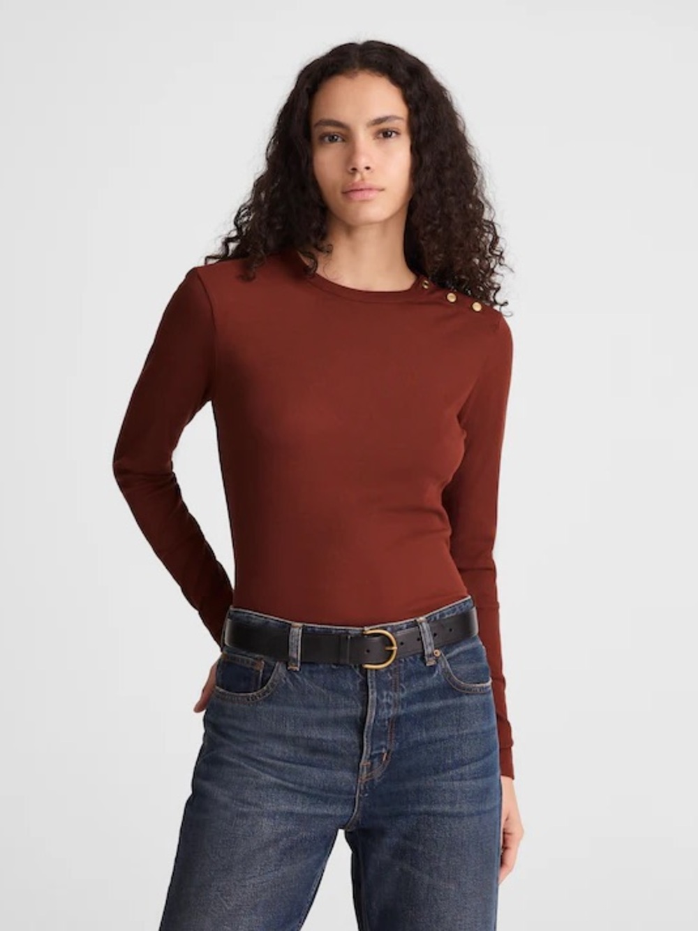 Nwt Madewell Ribbed Button Crewneck Tee Small In Deep Redwood